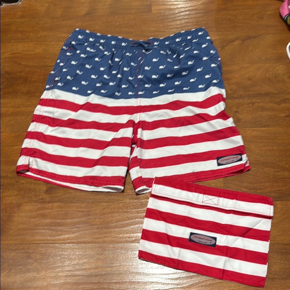 Vineyard Vines Kids Swim Trunks - Blue and Red Stripes American Flag XL 18